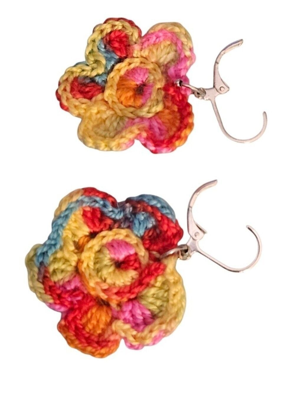 Hand Crafted Multi Color Crochet Flower Earrings Festival Wear Rainbow Jewelry - Picture 8 of 16